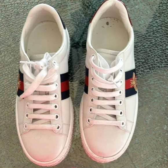 GUCCI Leather and Bee Detail with Ace Crystal Embellished Platform Sneakers - Picture 8 of 14